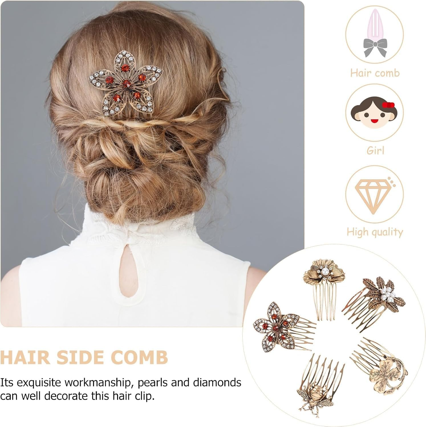 5Pcs Vintage Hair Side Combs Retro Diamonds Hair Comb Barrette French Hair Pin Decorative Hair Combs Women Fashion Flower Girls Accesories for Wedding Accessories (Gookin, One Size) image number 6
