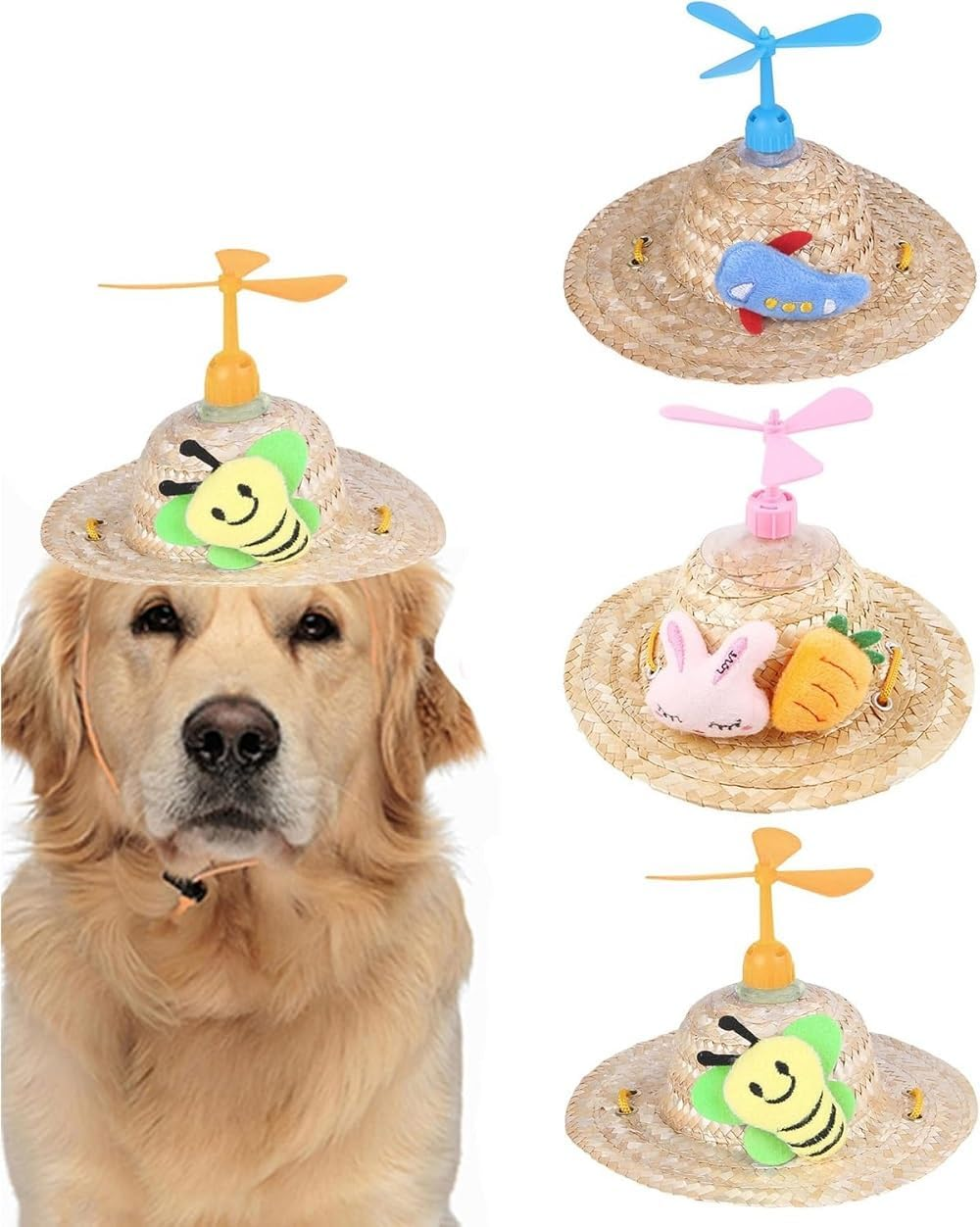 3 Packs Dog Straw Sombrero Hat with Funny Propeller,Summer Pet Sun Cap,Party Halloween Hat Costume for Small Medium Large Dogs,Dog Hair Accessories (Style1, L) image number 3