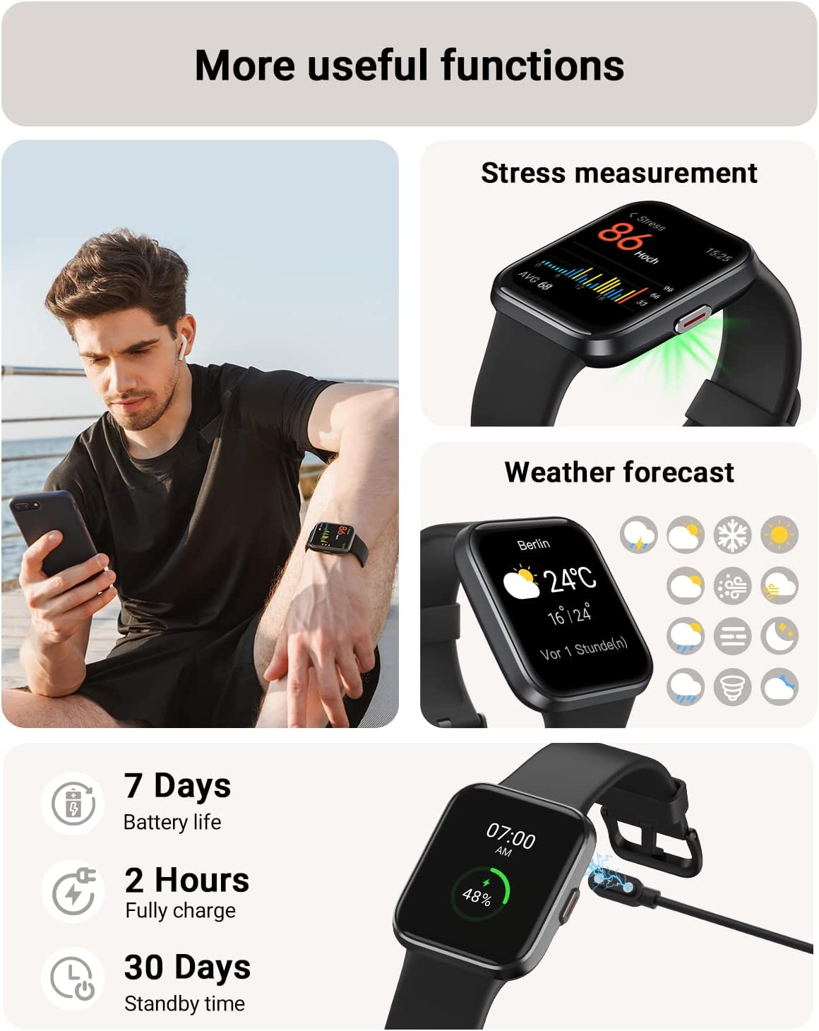 Smart Watch for Men Women with Call Answer/Dial, 1.8'' HD Screen Activity Tracker with Built-In Alexa, 100 Sport Modes Heart Rate/Spo2/Sleep Monitor,Ip68 Waterproof Smartwatch for Android Ios - Black image number 6