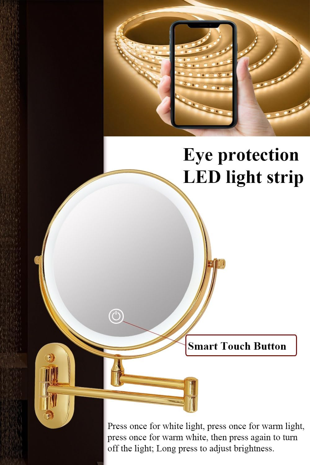 9" Magnifying Mirror with LED Lights Bathroom Large Illuminated Wall Mounted Vanity Mirror for Makeup Shaving (With LED Lights,Black 7X Magnification) image number 5