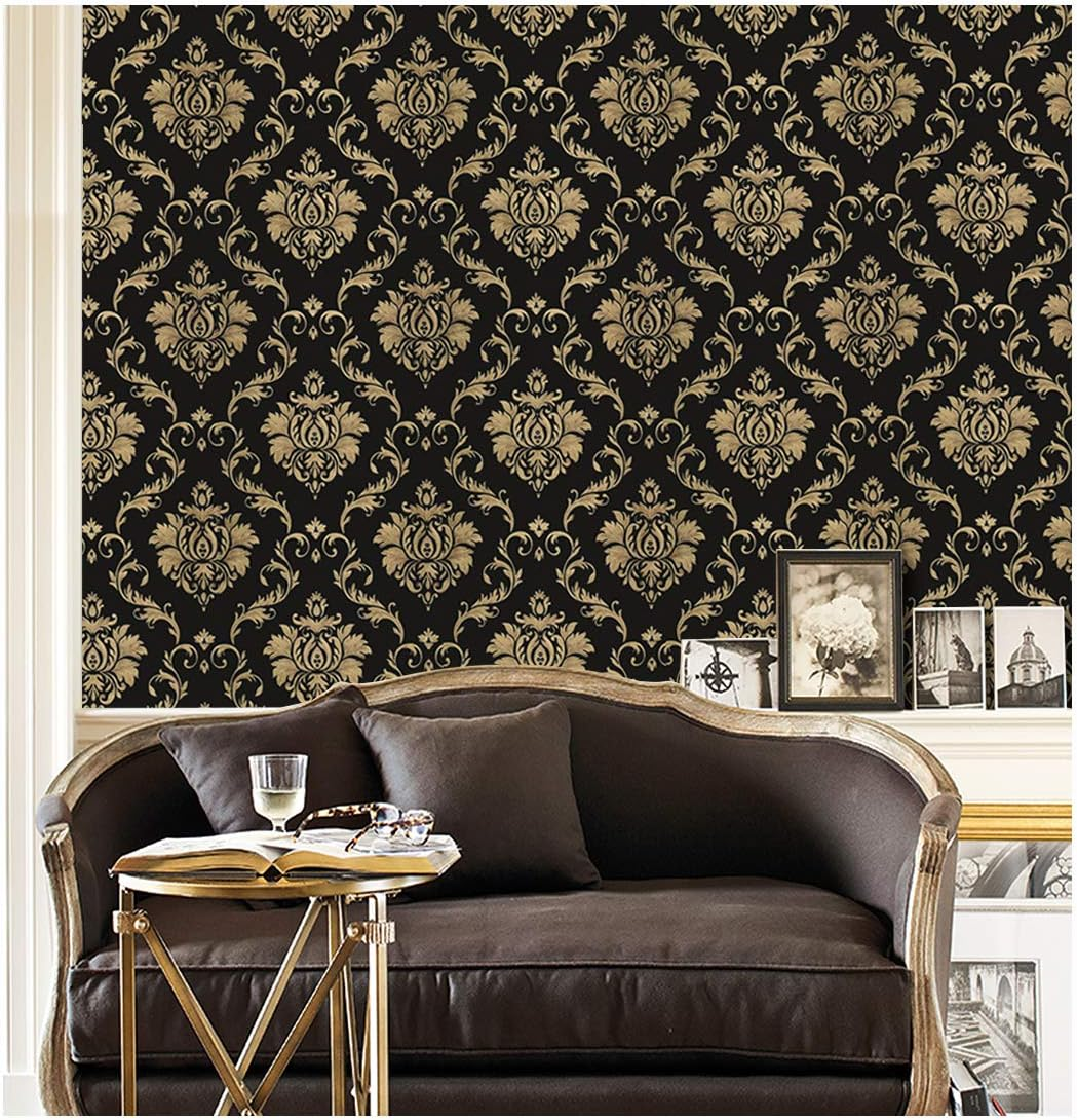 JLHOUSE 1301-3 Vinyl Black and Gold Damask Victorian Wallpaper Peel and Stick Contact Paper Removable Textured for Bedroom Livingroom D&eacute;cor 45Cm X 300Cm