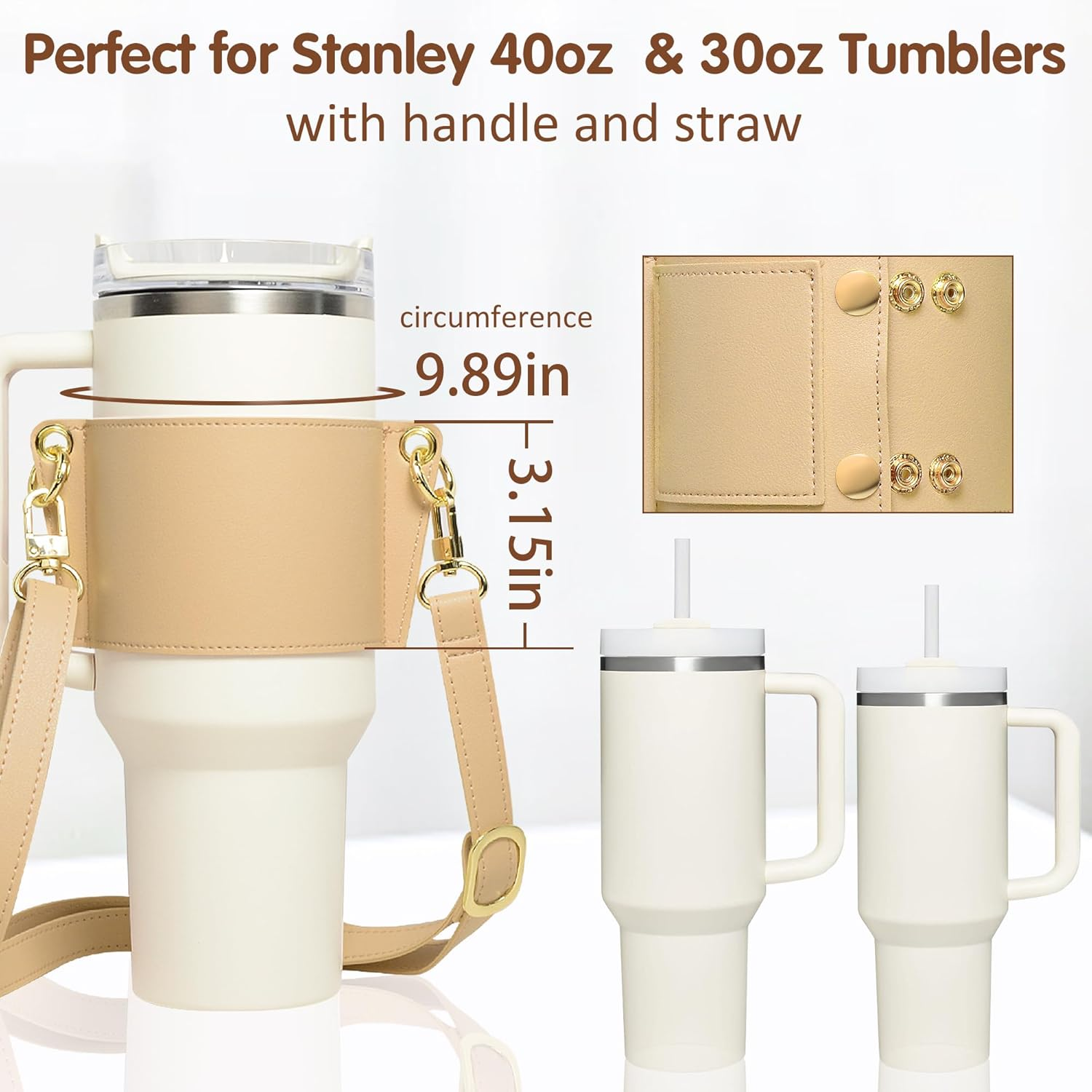 Water Bottle Holder - Carrier Strap for Stanley 40 Oz & 30 Oz Tumbler with Handle, for Stanley Cup Accessories, Adjustable Strap, Credit Card Holder, Keyring, Straw Cover (Khaki) - Black image number 6