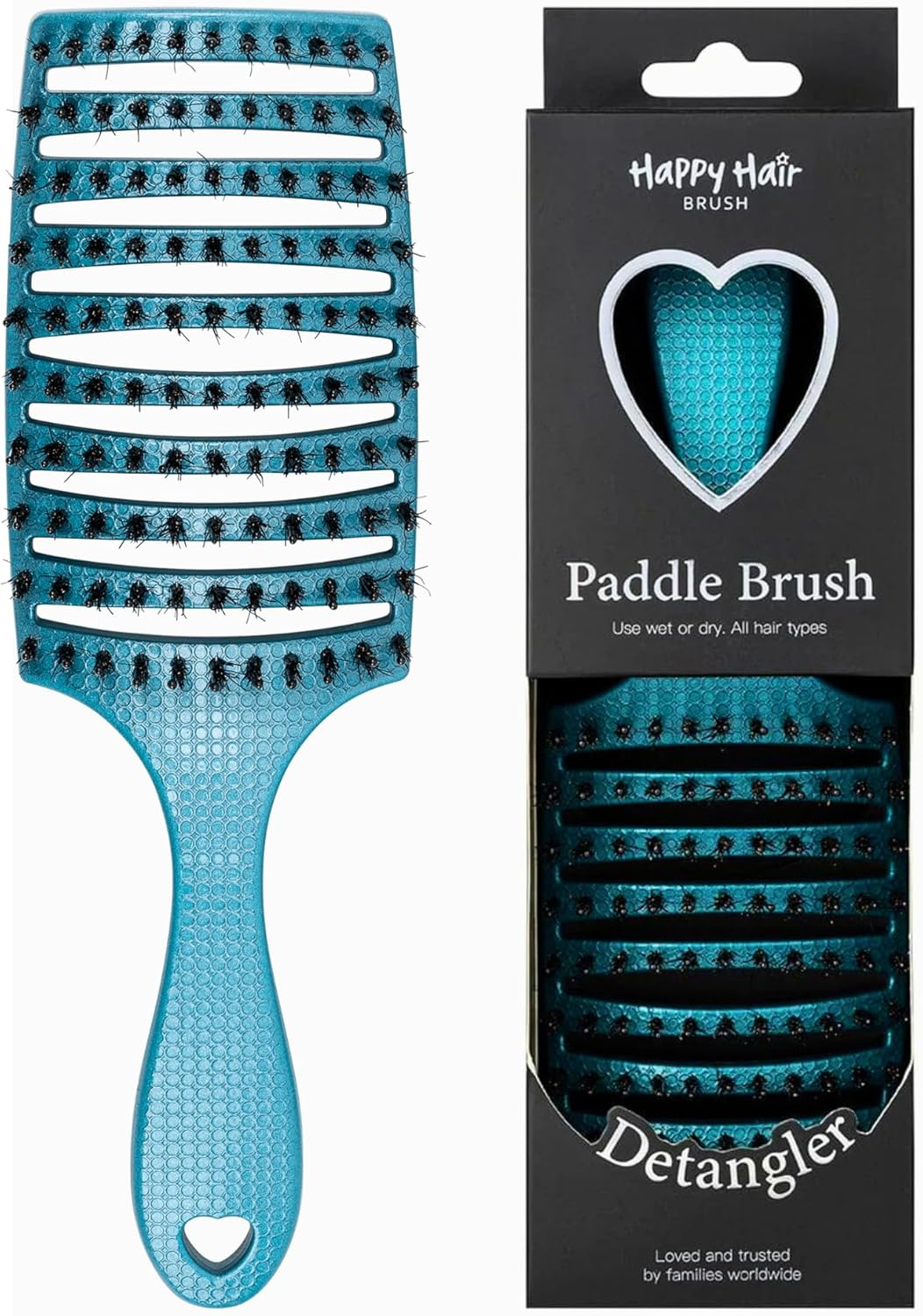 HAPPY HAIR Happy Detangler Paddle Brush with Boar Bristles & Nylon Pins | Designed by Women to Detangle & Smooth Thick, Fine or Curly Hair | Pain-Free Slick Back Brush, Ultra Lightweight (Teal) image number 6