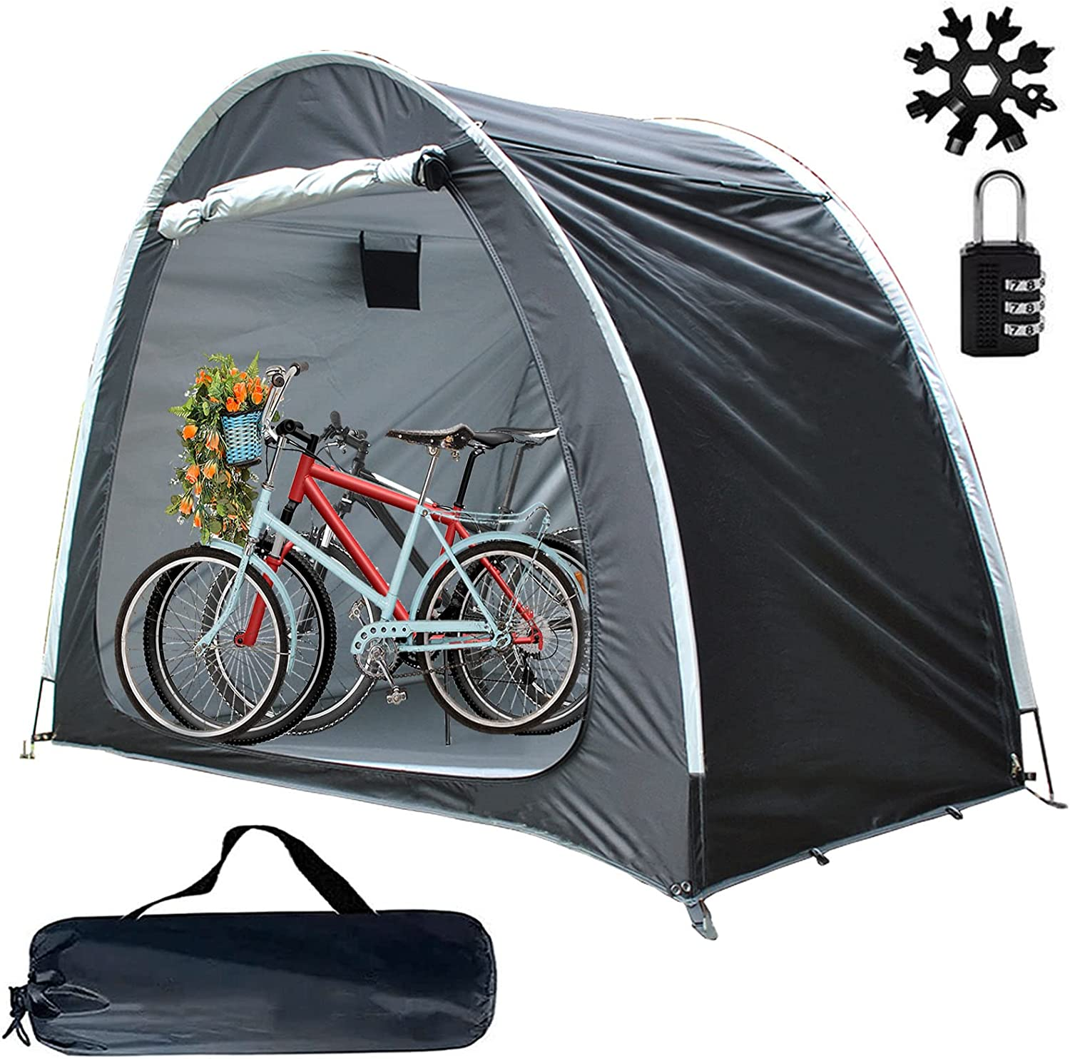 Bike Storage Shed,Bicycle Tent,Bike Covers Waterproof Outdoor Large with Window and Floor,With 18-In-1 Snowflake Multi Tool and Combination Lock,For Stockpile 2-3 Bikes or Tricycle Gardening Tools image number 3