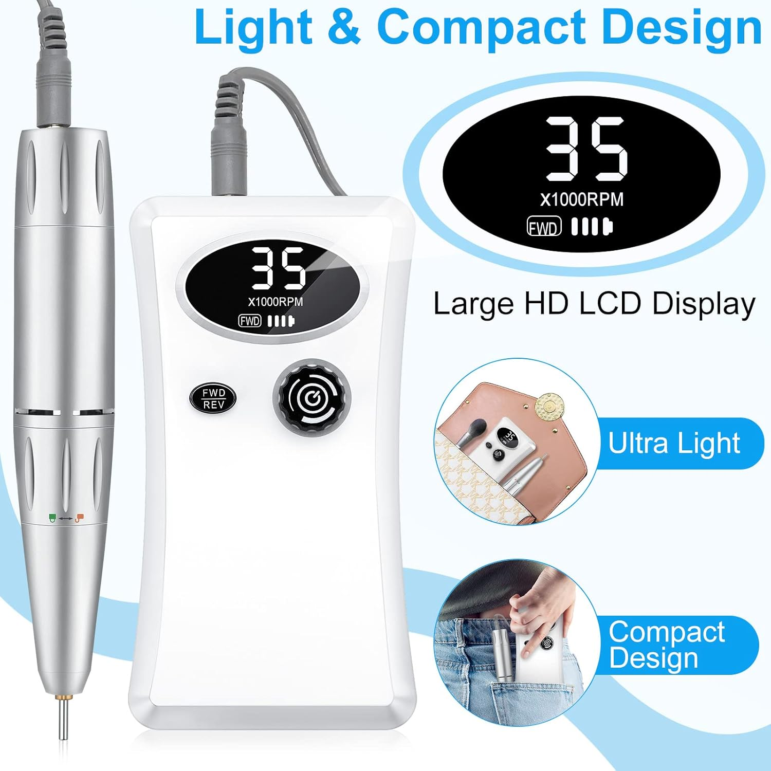 Electric Nail Drill, 35000RPM Professional Nail Drill Machine, Portable Rechargeable File Machine Set for Acrylic Gel Nails, Manicure Pedicure Tools for Home and Salon Use(White) image number 4