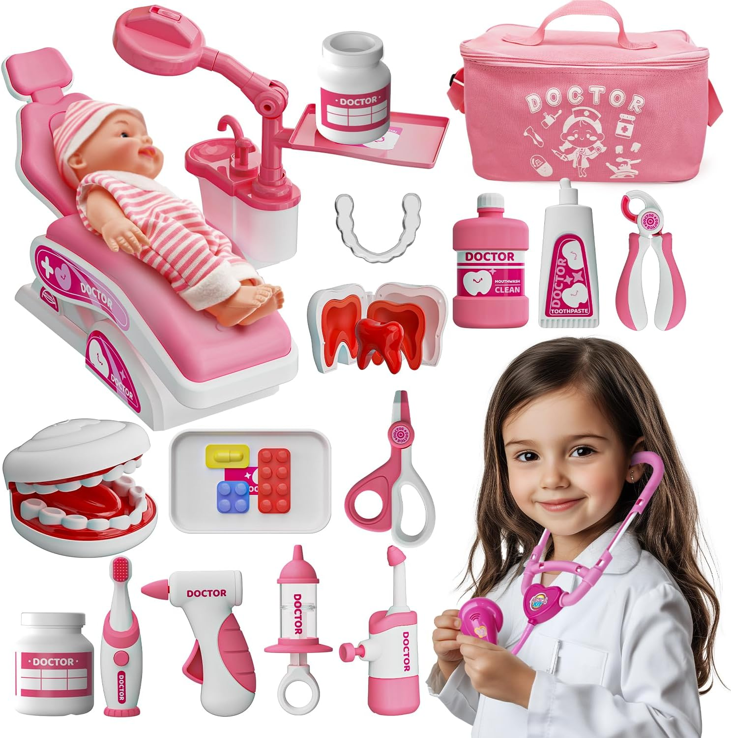 Toy Doctor Kit for Toddlers, Kids Dentist Play Set with Dentist Chair, Doll Toy, Stethoscope, Large Carrying Storage Bag, Dental Accessories, Pretend Doctor Play Medical Gift Kit for Girls Pink
