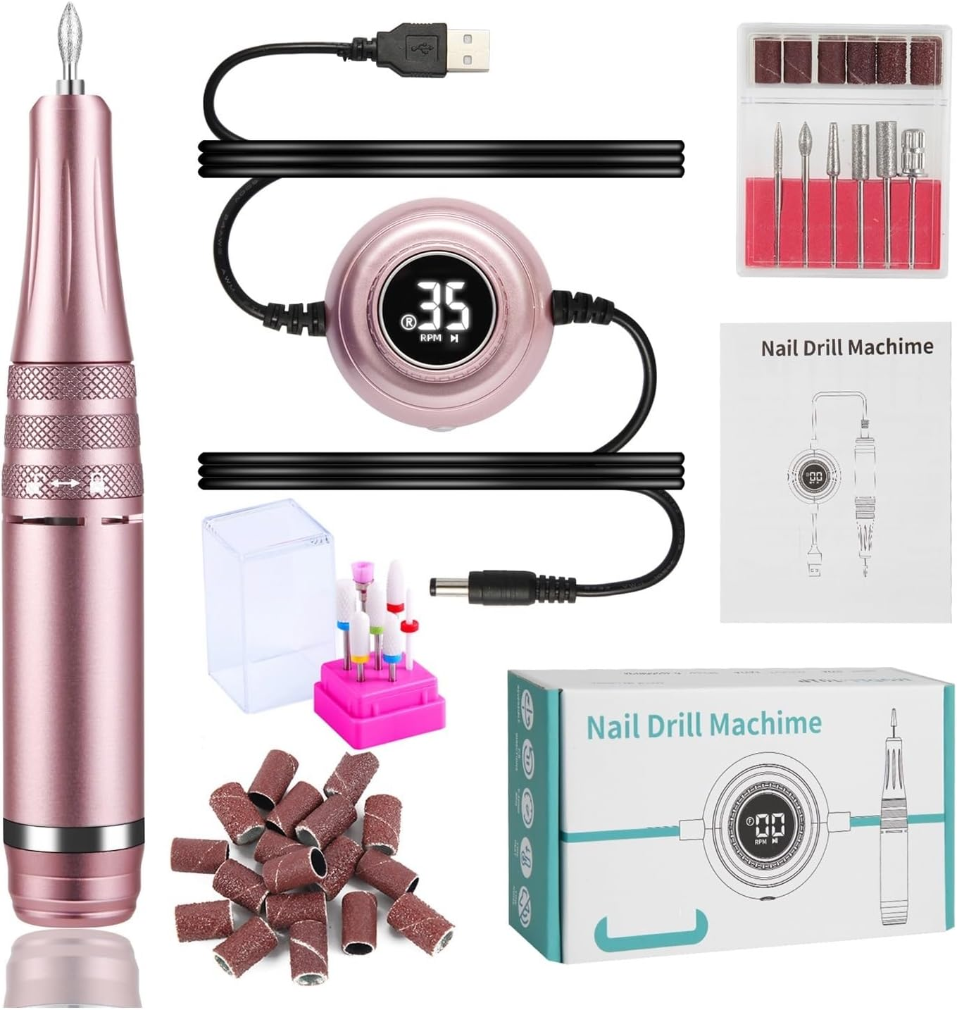 Nail File Electric, Nail Drill Machine 35000RPM Electric Manicure Machine Pedicure Manicure Drill Set Milling Cutters Set Nail File Equipment Tools(Pink Set)