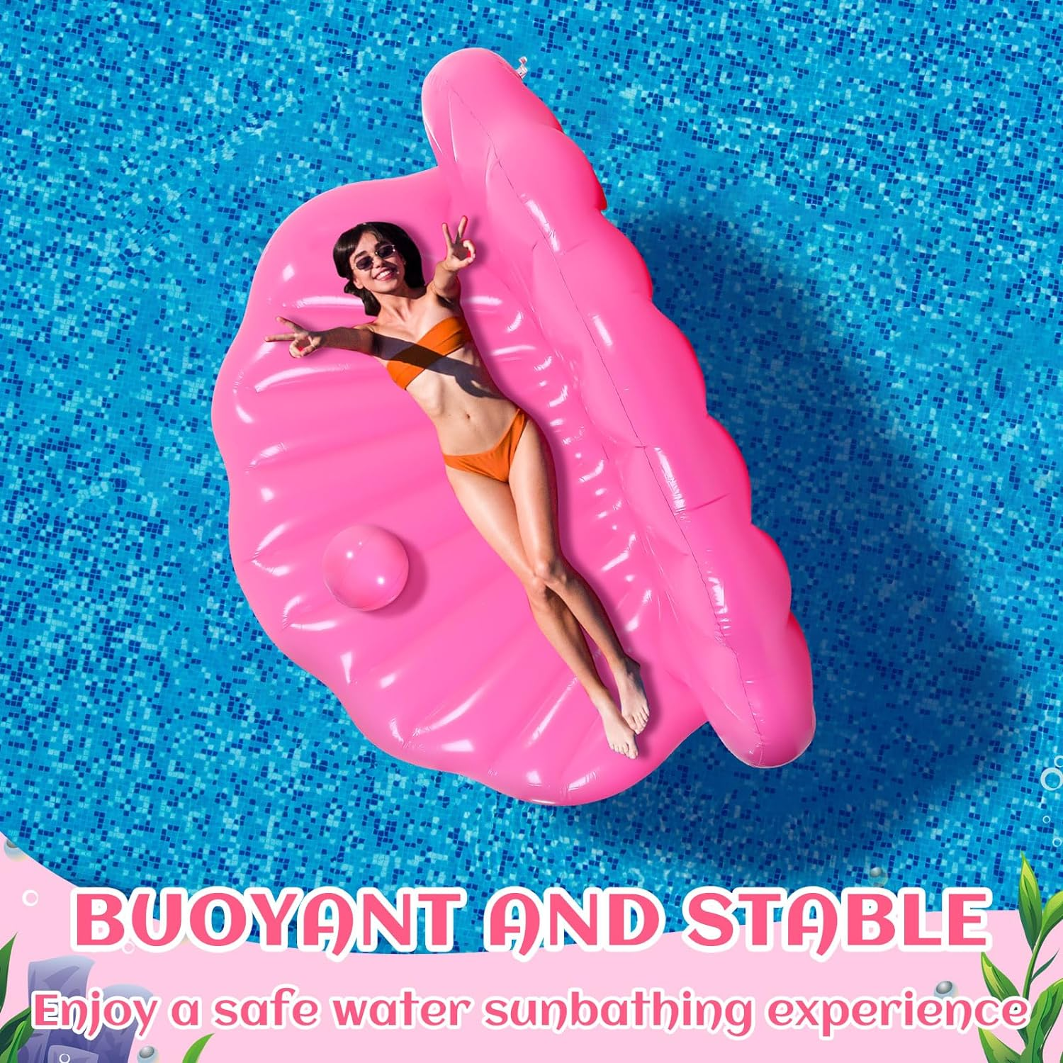 Shinyrelief Inflatable Seashell Pool Float 67 Inch Giant Clam Air Filled Toy with Pearl Ball Shell Floating Ride on Raft Chair for Adult Birthday Bachelorette Swimming Summer Beach Party image number 4