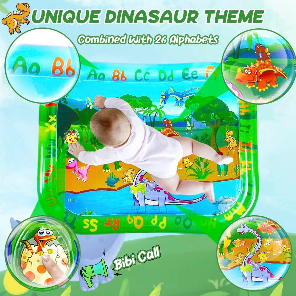 Large Tummy Time Water Mat,100 * 80Cm Inflatable Water Mat,Dinosaur&Letters Water Play Mat,Baby Toys for Toddlers 0 1 2 3