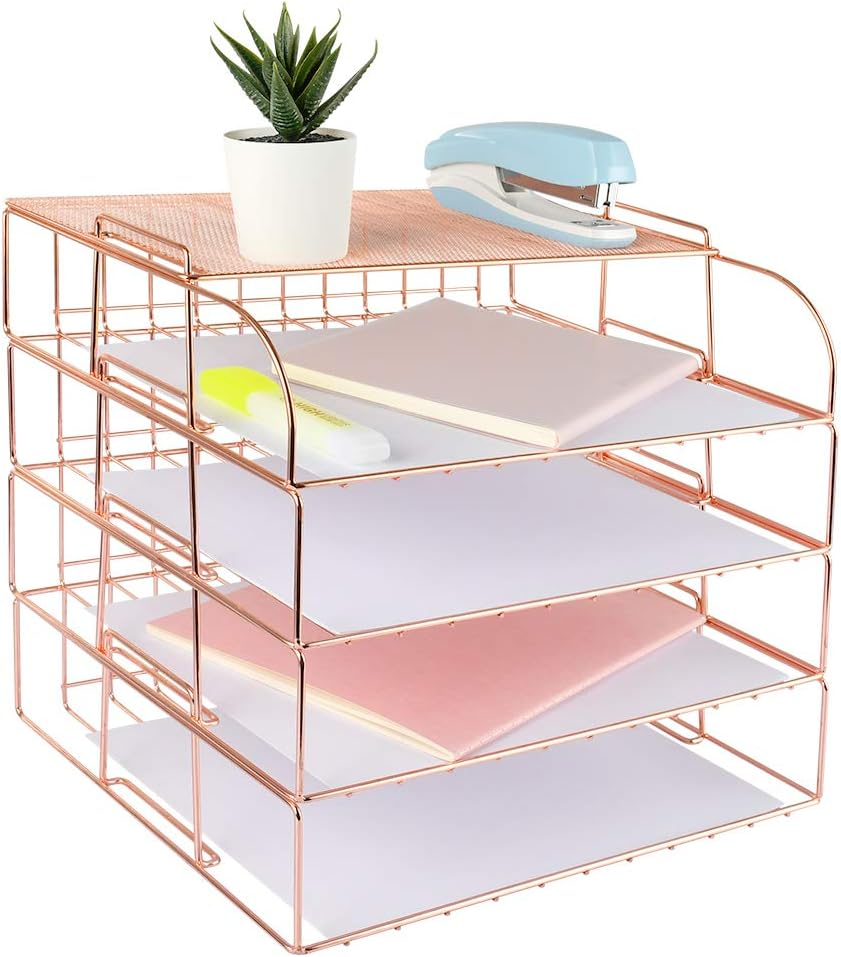 Spacrea Letter Tray, 4 Tier Rose Gold Desk Organizers and Accessories for Women, Stackable Paper Tray Organizer Desk File Organizer with 1 Upper Display Shelf (Rose Gold) image number 2