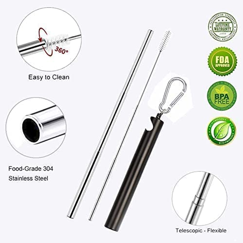 2 Pack Collapsible Telescopic Reusable Straw, Beer Opener Function Foldable Metal Straw Stainless Steel Drinking Straws with Case & Key Chain & Cleaner Brush