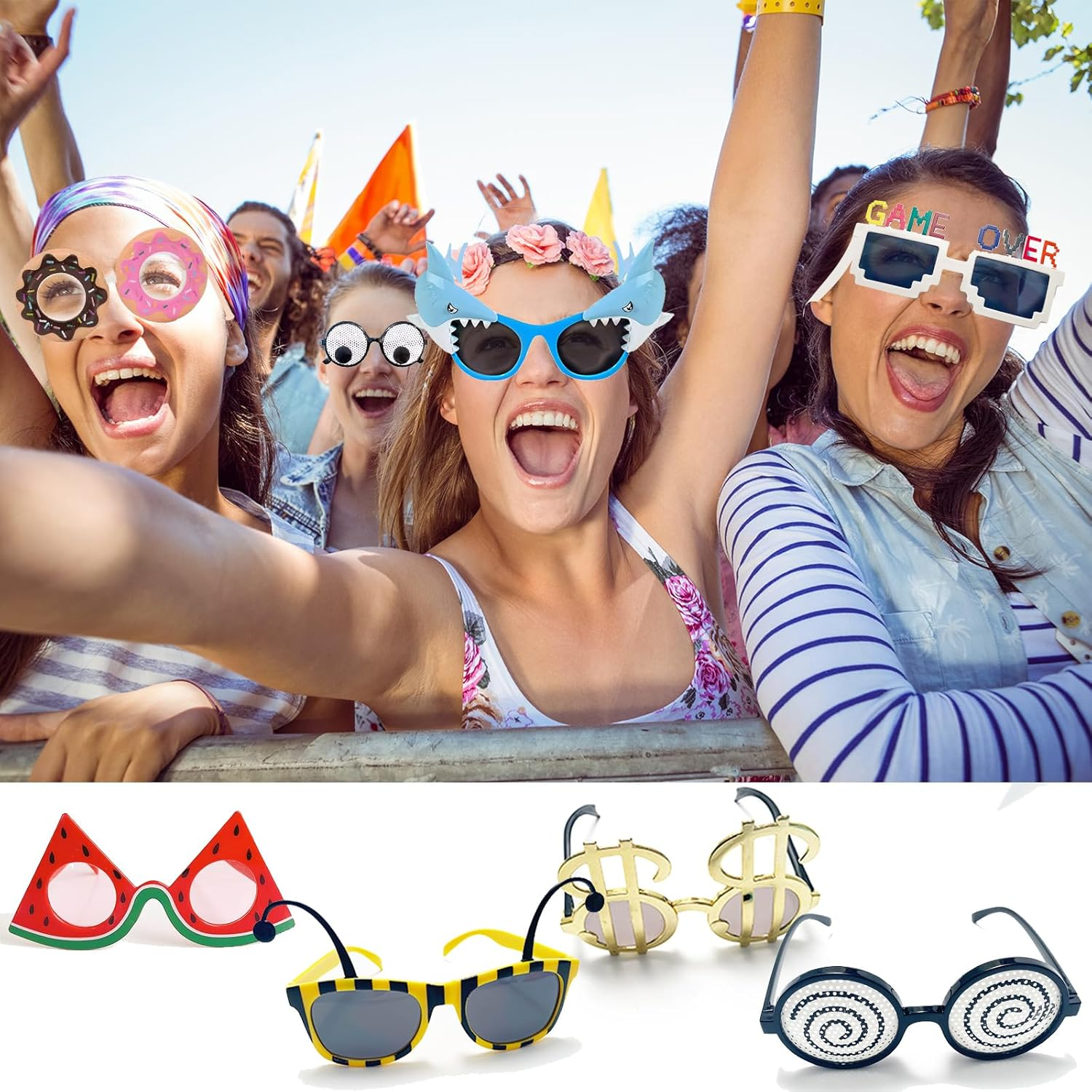 8 Pairs Funny Party Glasses Fancy Party Supplies Decoration Shark/Watermelon/Donuts/Dollars Funny Glasses, Novelty Party Bag Filler Fancy Dress Favors Creative Summer Beach Party Photo Booth Props image number 2