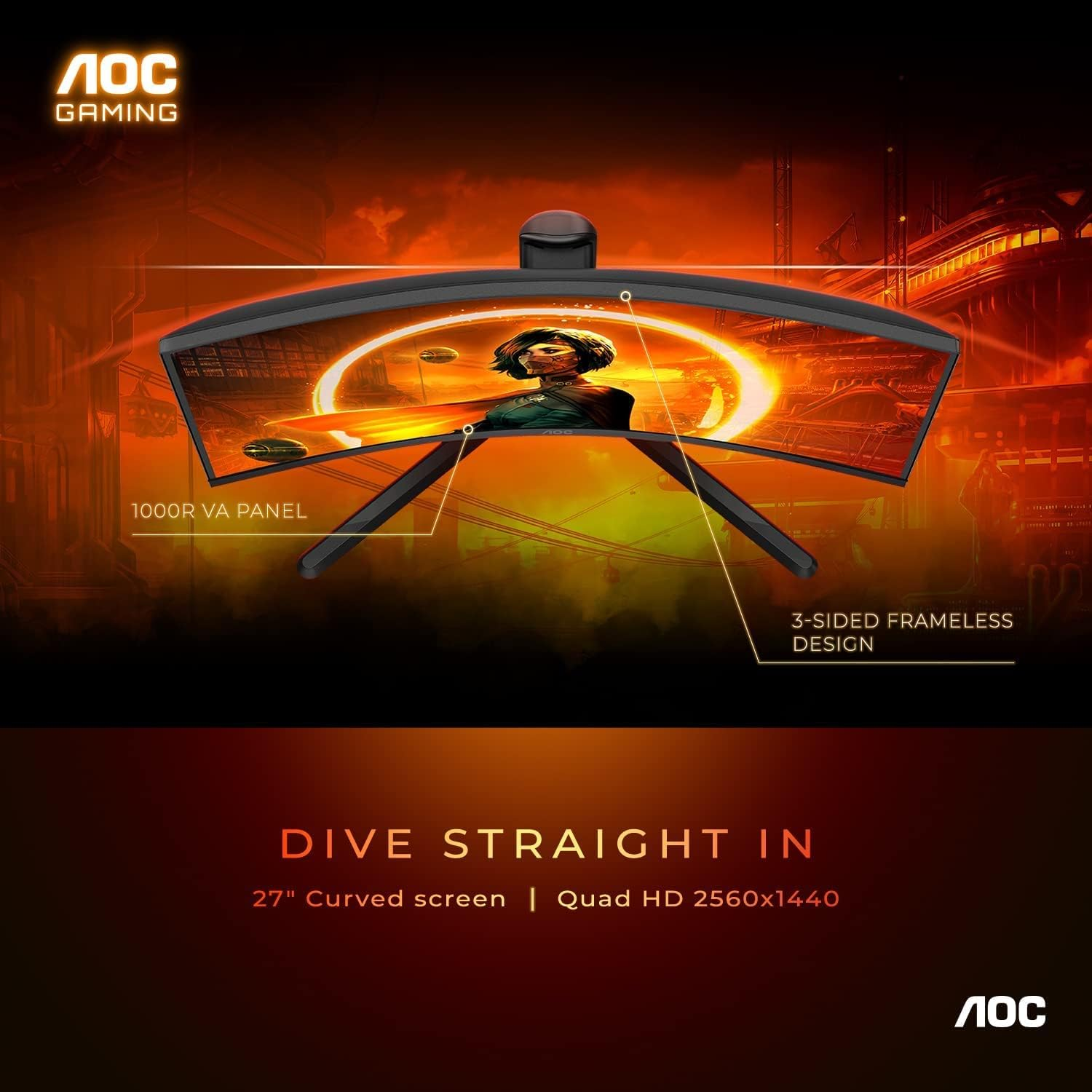 AOC 27 Inch CQ27G3Z QHD Curved Gaming Monitor, Black/Red image number 2