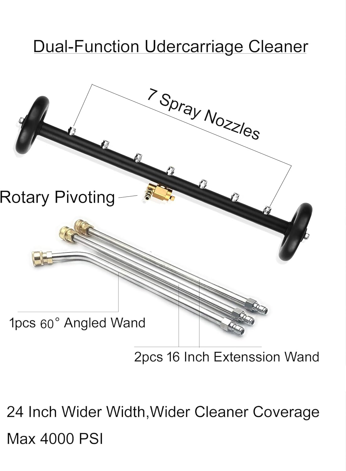 2-In-1 24" Dual-Function Undercarriage Pressure Washer Cleaner, Surface Cleaner for Power Pressure Washer Attachment， Underbody Car Wash Water Broom with 3 Pieces Extension Wand, 4000 PSI image number 1