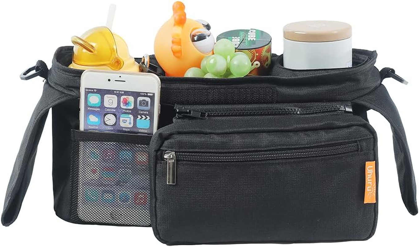UHURU Stroller Organiser & Pram Caddy with Extra Storage Pockets, Insulated Coffee Cup Holders and Phone Storage, Universal Travel Pram Stroller Bag Compatible with Uppababy, Bugaboo & 99% of Prams image number 4
