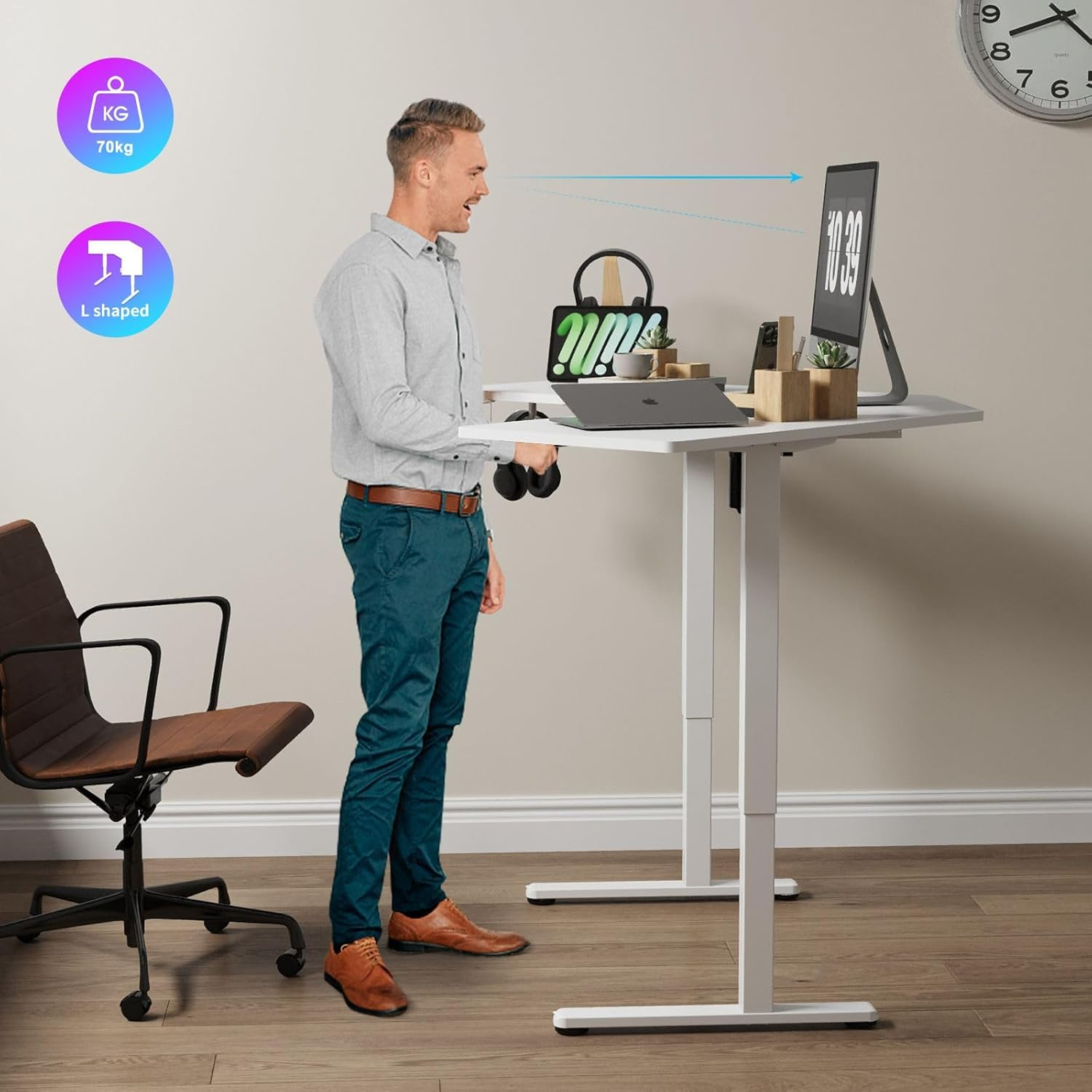 Luxsuite Electric Standing Desk L Shaped Sit Stand up Table Desktop Desk Motorised Height Adjustable Rising Computer Office Sturdy Workstation USB & Type C & Headphone Hook, Cup Holder 120X120Cm White - Black image number 2