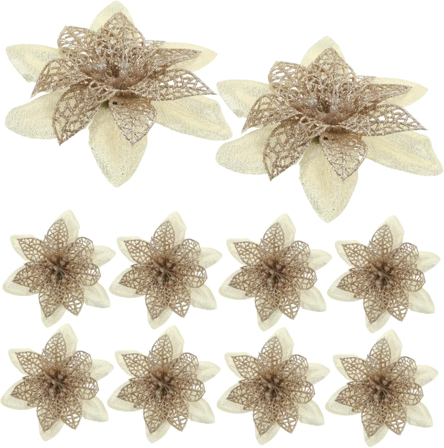 12Pcs Artificial Poinsettia Flowers Glitter Decorations for Christmas Tree Wreath Garland Realistic Holiday Ornaments for Home Party and Festive Decor