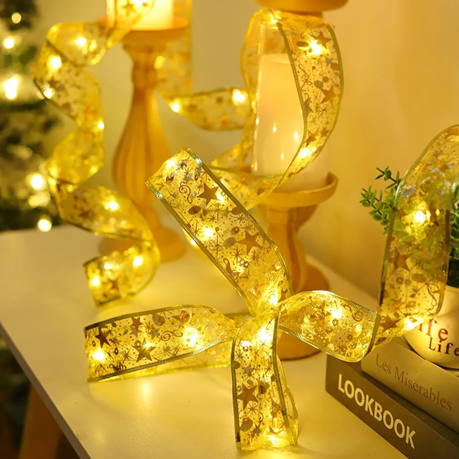 Christmas Tree Lights 10 M/32.8Ft 100 LED Fairy String Lights Battery Operated Copper Wire Ribbon Bows Light for Party Wedding Holiday Indoor Outdoor Decorations (Silver) image number 6