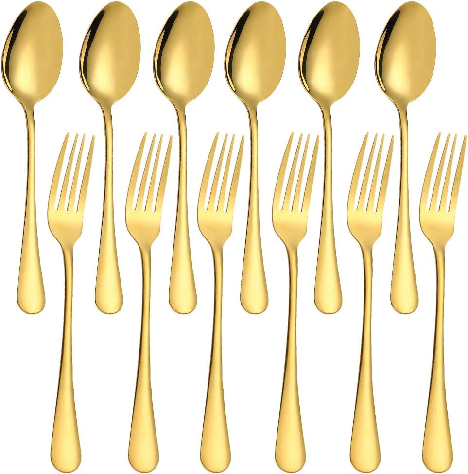 Set of 12, Gold Plated Stainless Steel Dinner Forks and Spoons, Sourceton Heavy-Duty Forks (8 Inch) and Spoons (7 Inch) Cutlery Set- Gold image number 2