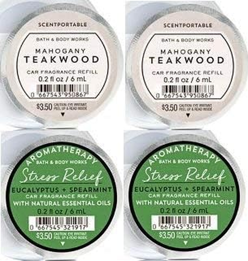 Bath & Body Works Mahoganny Teakwood & Stress Relief Eucalyptus Spearmint Scentportable Fragrance Refill. 0.2 Oz