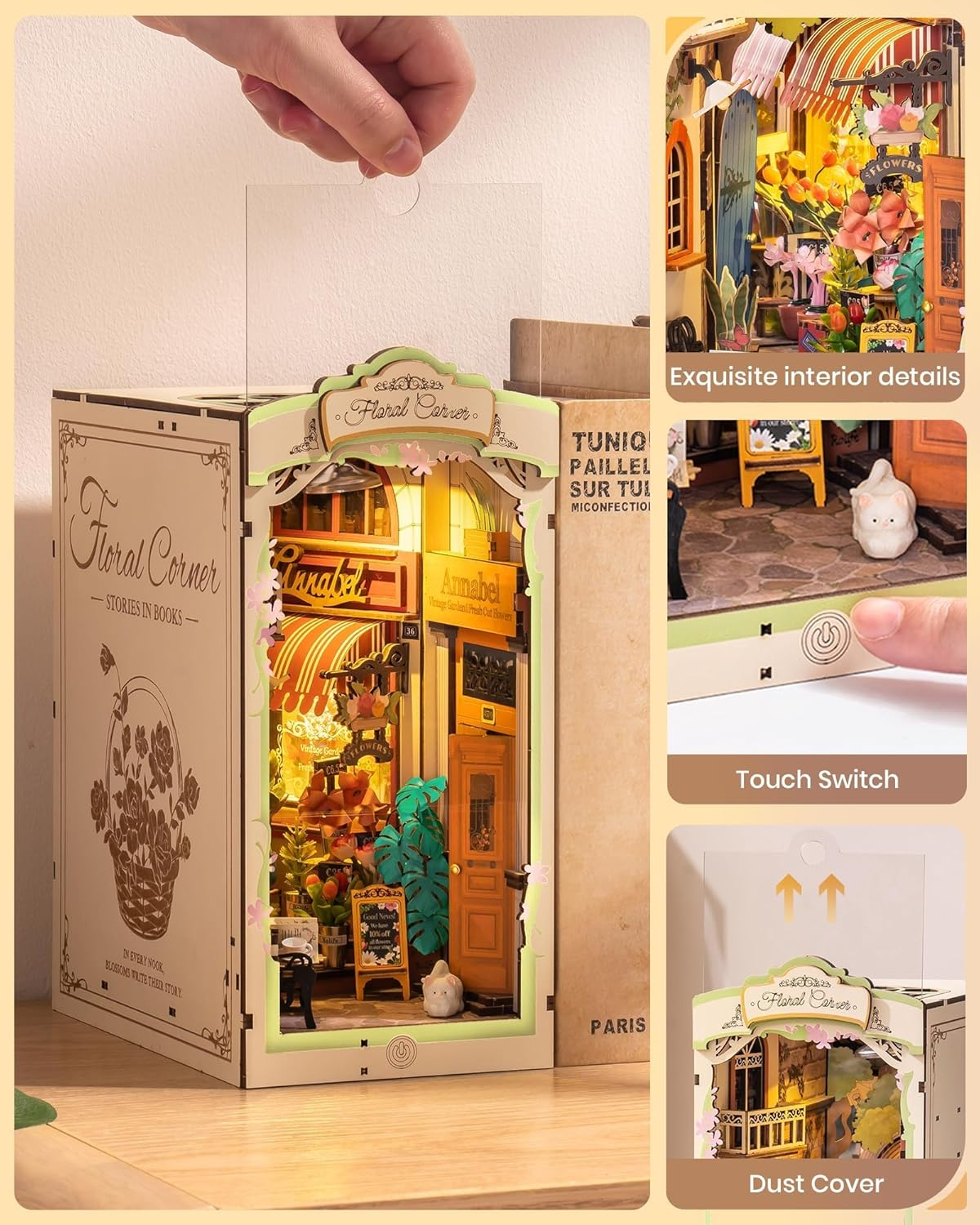 Rolife DIY Book Nook Kits for Adults, Miniature Dollhouse Booknook Kit for Home Room Decor, 3D Wooden Puzzle with LED, Flower Corner Creative Bookends Bookshelf Diorama Insert image number 4