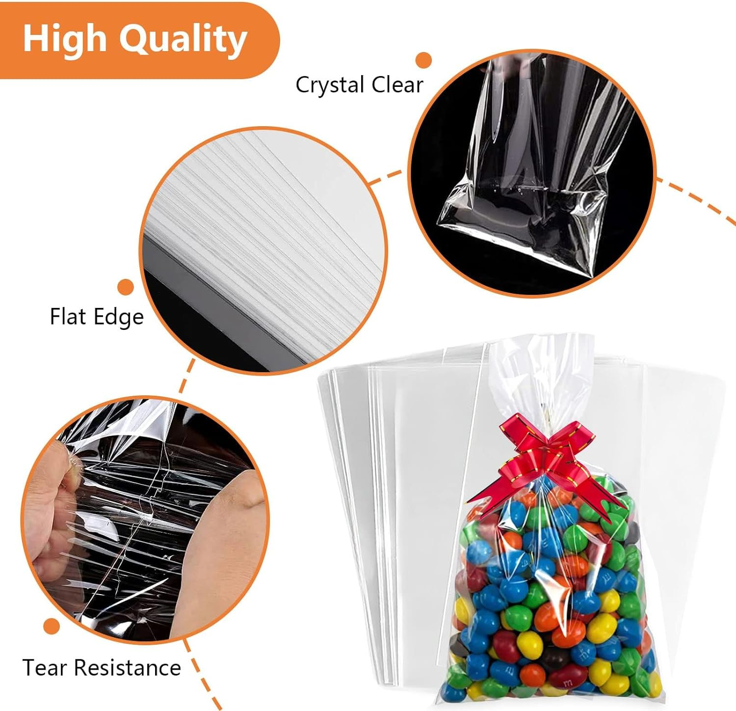 Transparent Cellophane Bag, 100 Pcs Cellophane Treat Bags with Twist Ties and Bows, Plastic Transparent Bags for Favor Candy Cookies (23Cm X 12.5Cm /9 * 4.9 Inches)