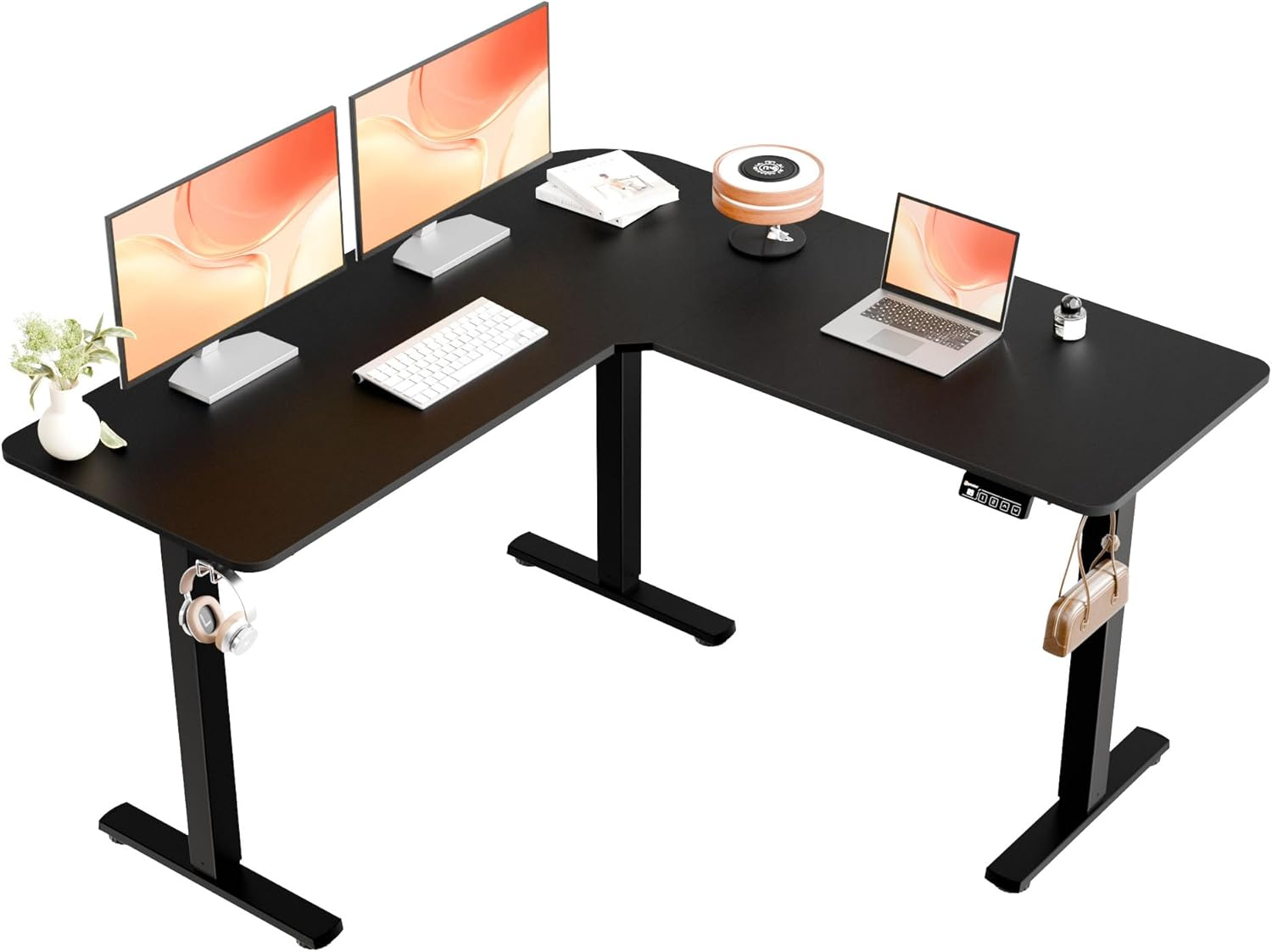 ERGOMAKER Corner Electric Standing Desk, 129 * 50Cm Height Adjustable L Shaped Desk, Stand up Desk with Splice Board, Sit Stand Desk with Memory Smart Handset(White Frame + White Desktop)