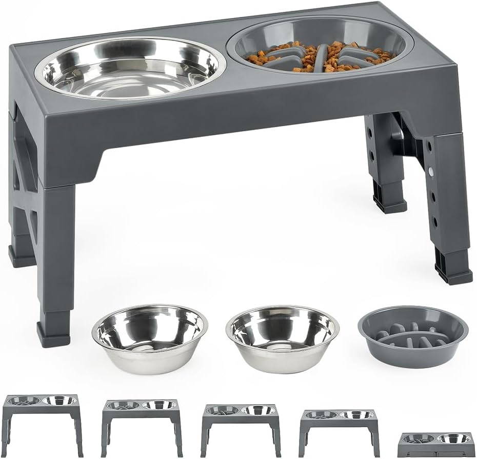 Elevated Dog Bowls for Large Dogs, Raised Dog Bowl Stand with Slow Feeder Bowl & 2 Stainless Steel Dog Food Bowls, 5 Heights Adjustable for Small Medium Large Dogs and Pets image number 3