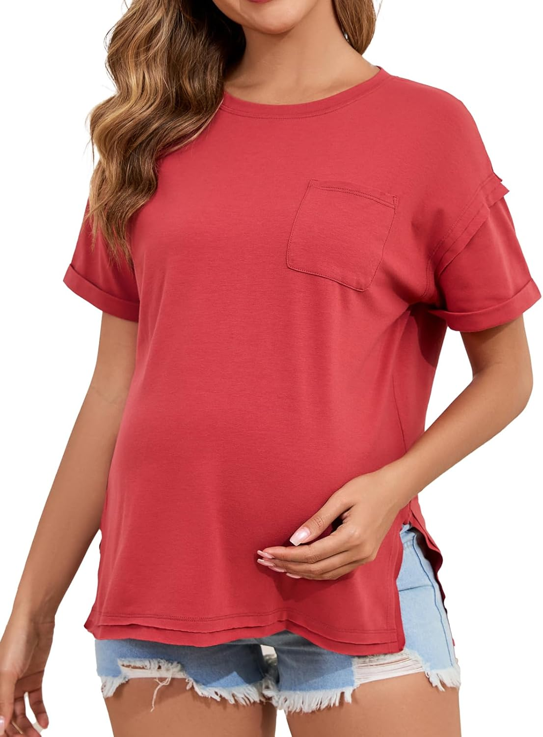 Ecavus Women'S Maternity T-Shirt Oversized Short Sleeve Loose Fit Cotton Blend Pregnancy Top Casual Wear image number 1