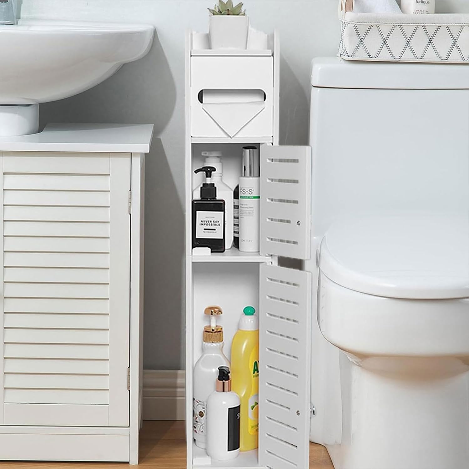 Storage Cabinet for Bathroom Toilet Roll Holder, for Small Spaces, over the Toilet Cabinet for Skinny Bathroom Storage Corner Floor, Slim Paper Cabinet with 2 Doors image number 6