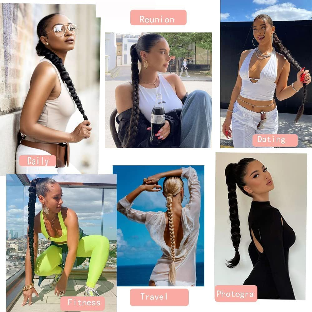 32 Inch Long Braided Ponytail Extension with Hair Tie Straight Wrap around Hair Extensions Ponytail Natural Soft Synthetic Hair Piece for Women Girls Daily Wear (Black) image number 2