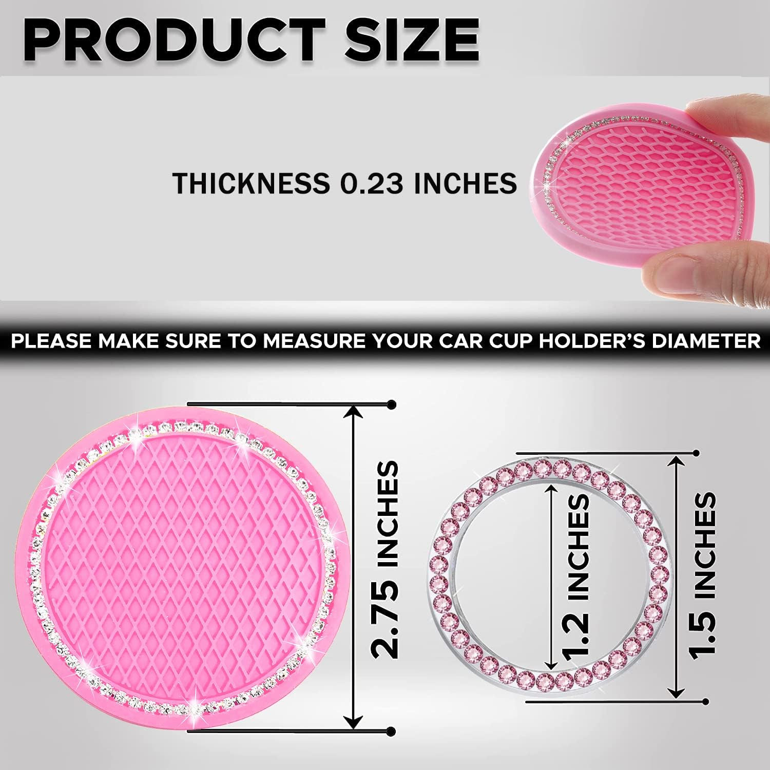 4PCS Sets Pink Bling Car Cup Holder Coasters for Car & Shiny Pink Push to Start Button Cover Key Ignition Ring Universal Auto Cute Pink Car Accessories Interior Decor for Women