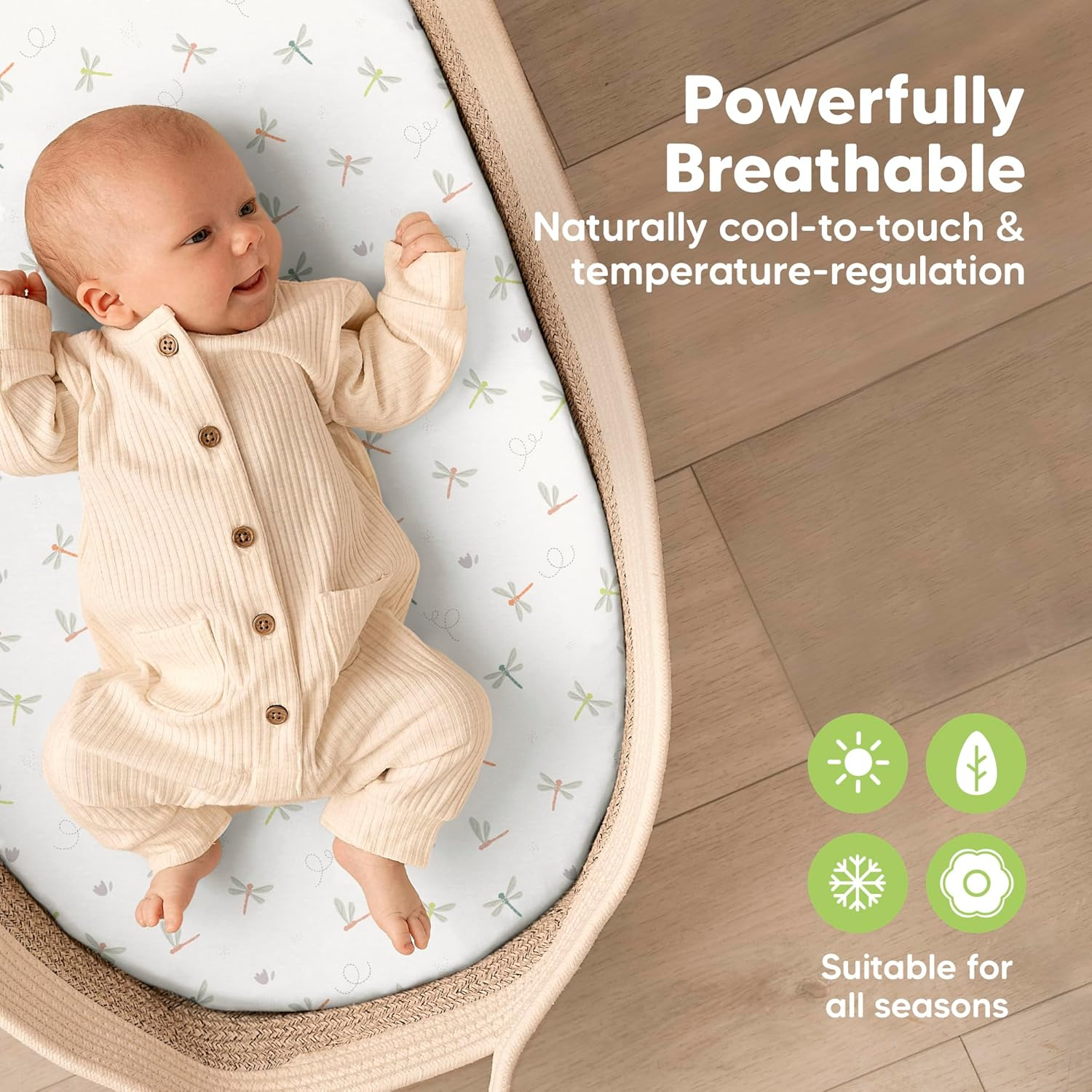 2-Pack Baby Bassinet Sheets Girl, Boy - Soft Bamboo Fitted Cot Sheets Compatible with Halo Bassinest Swivel Sleeper, Baby Delight Bedside Cot Mattress Sheet, Bassinet Fitted Sheets (Meadow) image number 3