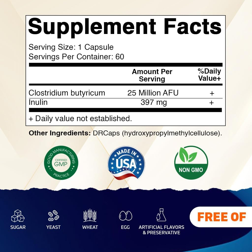 Vitamatic Clostridium Butyricum 25 Million - Gut Health - 60 DR Capsules (Delayed Released) - Made with Prebiotic Inulin Fiber image number 2