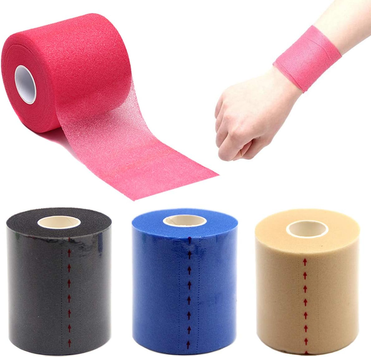 OBTANIM 4 Rolls Foam Underwrap Bandage Pre-Wrap Sports Tape for Athletic Elbow Knees Ankles, Latex Free (Skin Color, Black, Blue, Red) image number 6