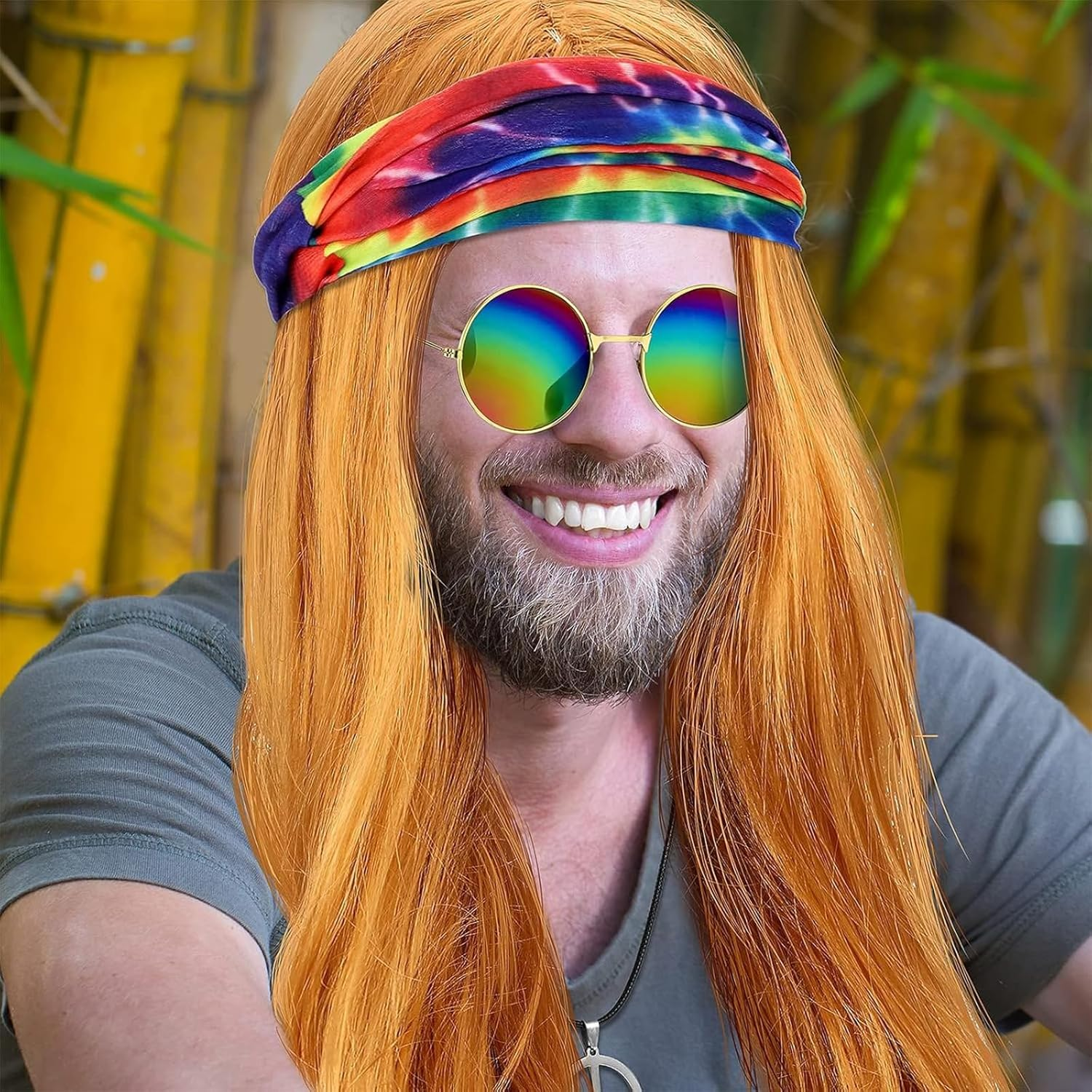 4 PCS Hippie Costume Set, Wig Sunglasses Peace Necklace Colorful Headband, Men'S 70S Disco Style Vintage Fancy Dress for Halloween Party 80S 90S Rock Party Accessories image number 3