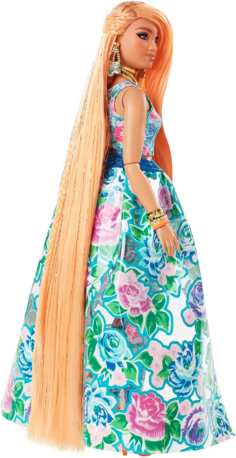 Barbie Extra Fancy Fashion Doll & Accessories with Curvy Shape & Orange Hair in Floral 2-Piece Gown with Pet Kitten image number 4