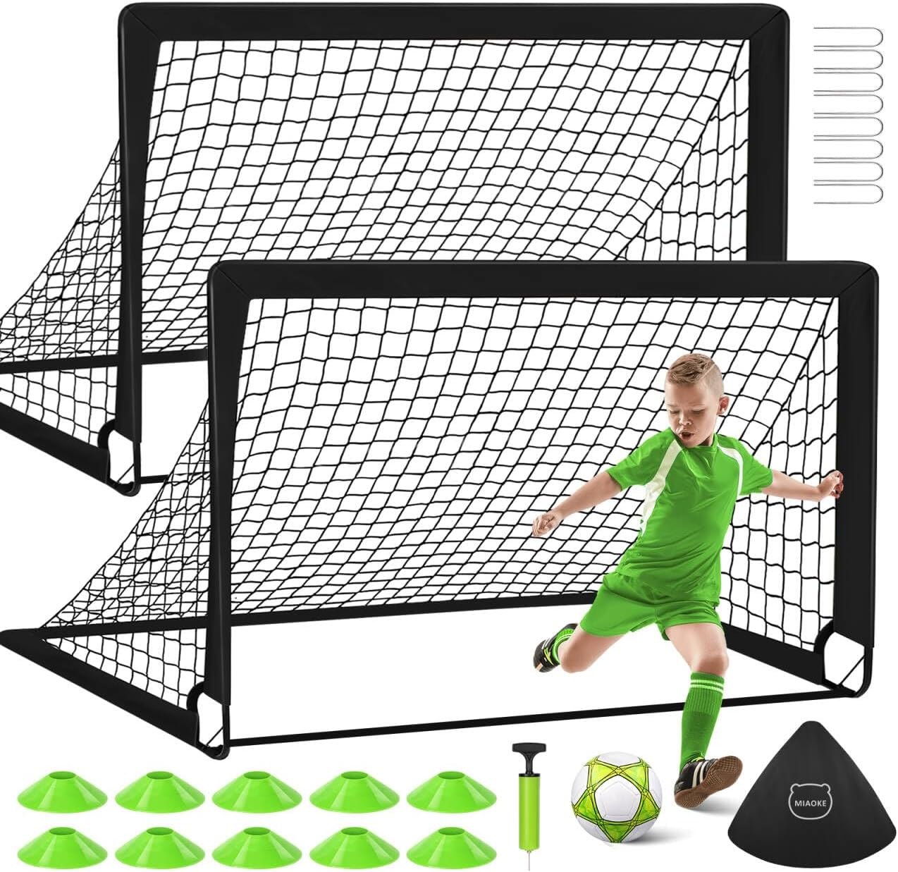 MIAOKE 2 Soccer Goal of 4X3 FT for Backyard, Portable Football Goal Training Equipment with Soccer Ball, 10 Football Cones, Carry Bag, Practice Net for Youth Games, Sports