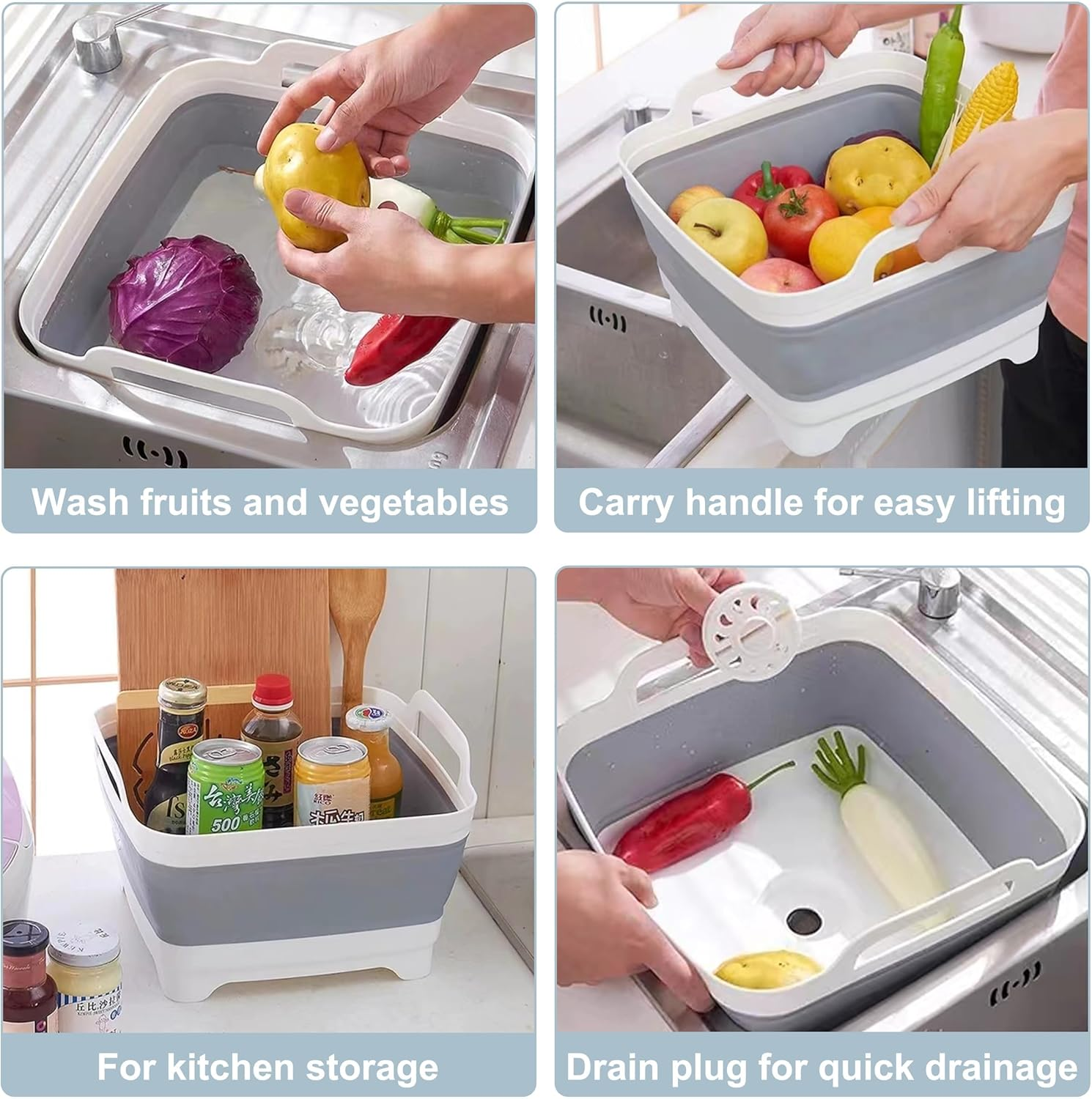 2.4 Gal(9L) Collapsible Dish Basin with Drain Plug, Space Saving Outdoor Multiuse Foldable Sink Tub, Dishpan, Kitchen Storage Tray for Camping, Vegetable Washing, RV image number 4