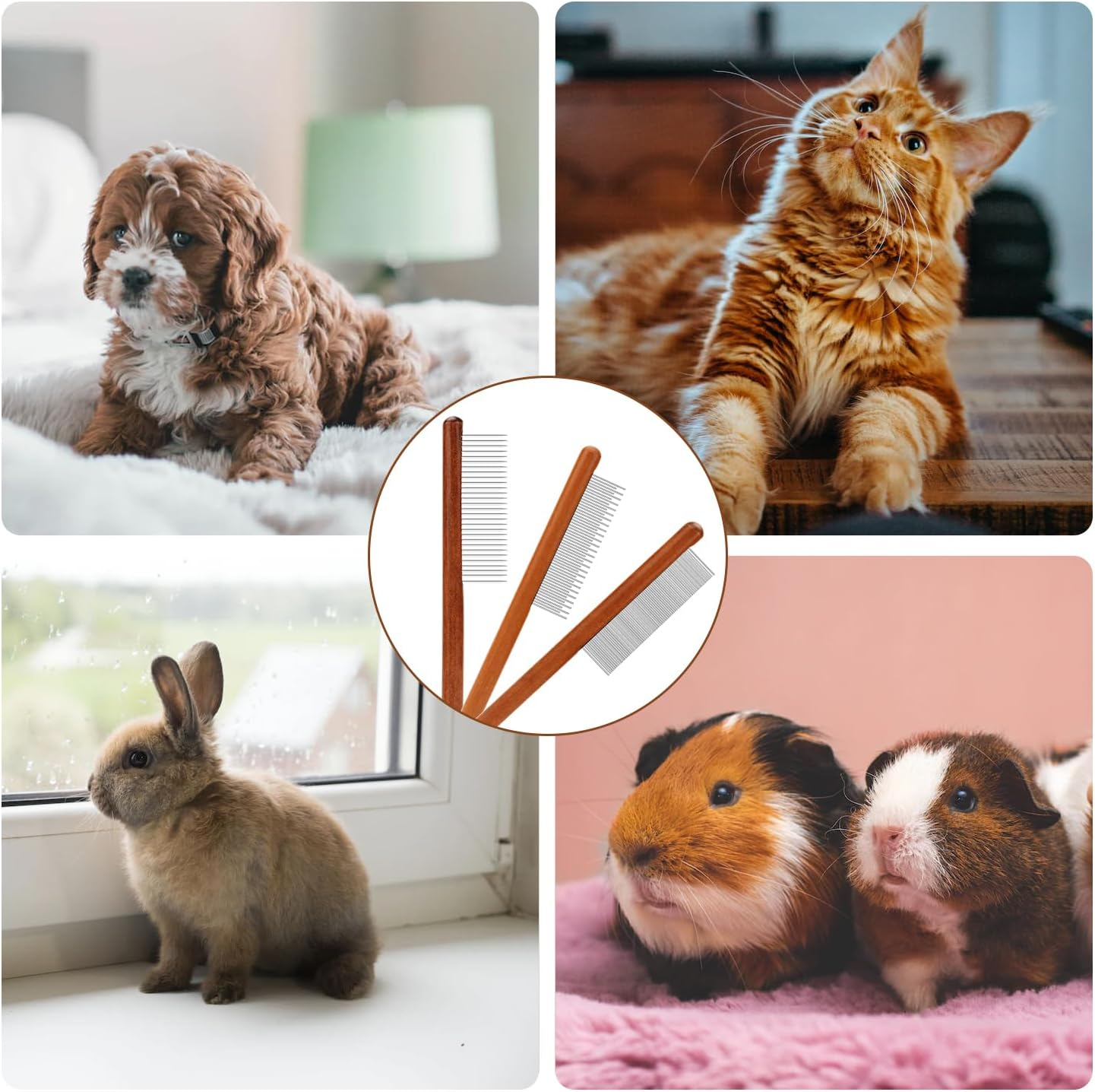 3Pcs Grooming Comb for Pets, Solid Wood Cat Combs with Wide & Narrow Rounded-Tip Teeth Pet Hair Comb Metal Flea Lice Comb for Cats Dogs Rabbits Tangled Hair (3 Sizes) image number 4