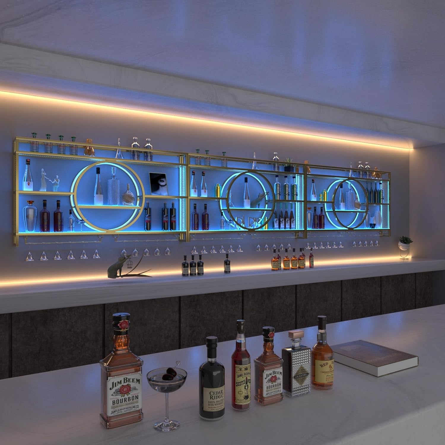 Wall Mounted Wine Rack with Led,3-Tier Metal Wine Bottle Shelf with Goblet Holder, Modern Bar Shelves Bar Liquor Bottle Display Shelf Multifunctional Bottle Rack for Home Bar No Battery (GLD, 100) image number 2