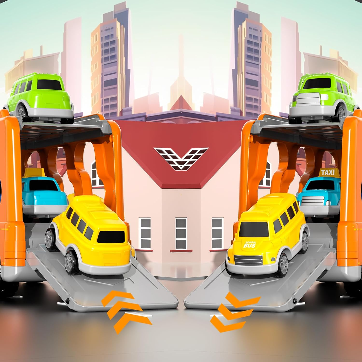 Trucks Cars Toys for 3 4 5 Year Old Boy Toddler, 5 in 1 Carrier Truck Bus Veihicle Playset Boy Toddler Toys with Light Sound, Birthday for Boys Toddlers Kids image number 1