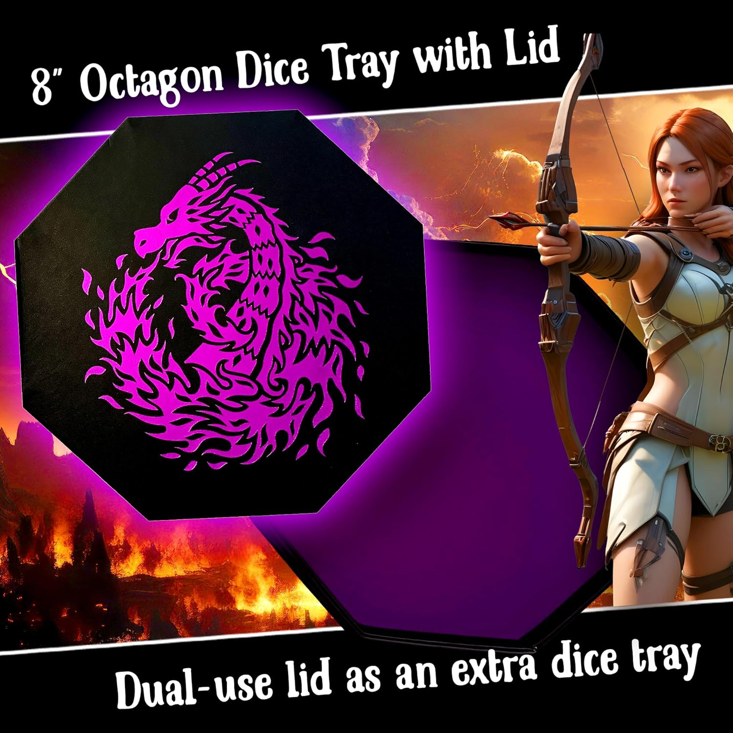 Fantasydice- Purple -Fire Dragon-Dice Tray - 8" Octagon with Lid and Dice Staging Area - for Dice, Board Games, Tabletop Rpgs like D&D (DND) 3.5 and 5E, Call of Cthulhu, Pathfinder, Shadowrun and More image number 6