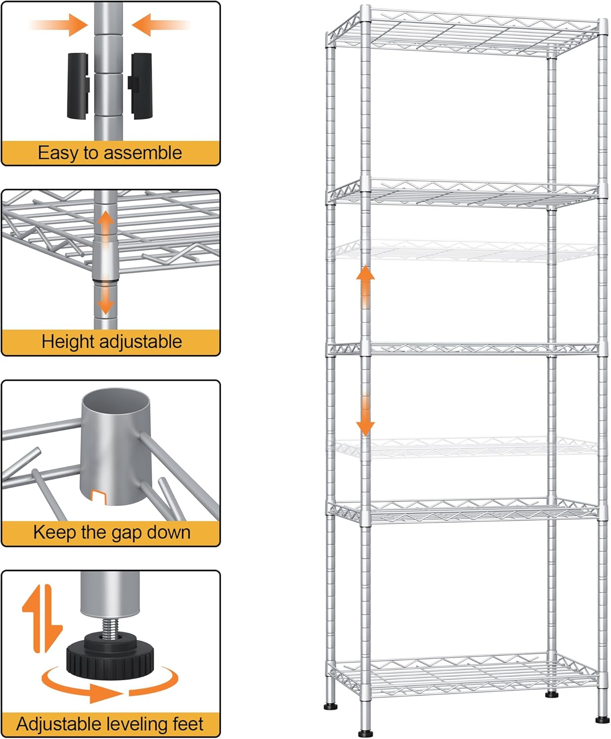 HOMEFORT 5-Shelving Unit,Adjustable Storage Shelves,Metal Wire Shelf with Shelf Liners and Hooks for Kitchen,Closet,Bathroom,Laundry,Sliver,21" W X 11" D X 59" H image number 4