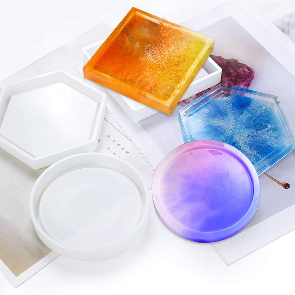 Sourceton Pack of 3 DIY Coaster Silicone Mold, Resin Molds Include Round, Square, Hexagon, Molds for Casting with Resin, Cement. image number 2
