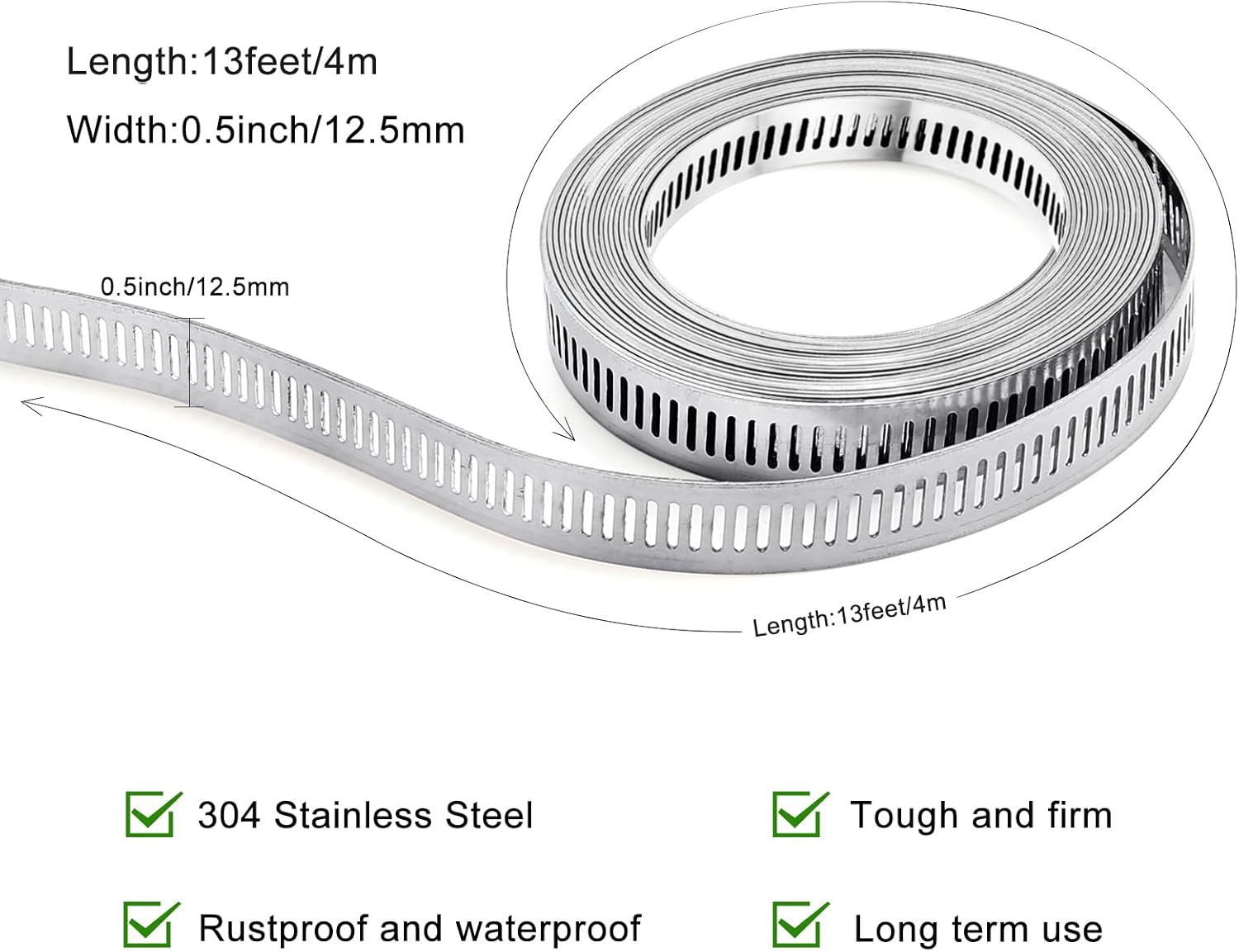 Hose Clamp, DIY 13 FT Metal Strapping with Holes + 8 Fasteners, Large Adjustable Worm Gear Hose Clamps Stainless Steel Pipe Clamps Band Clamp for Pipe Automotive Mechanical Applications image number 4
