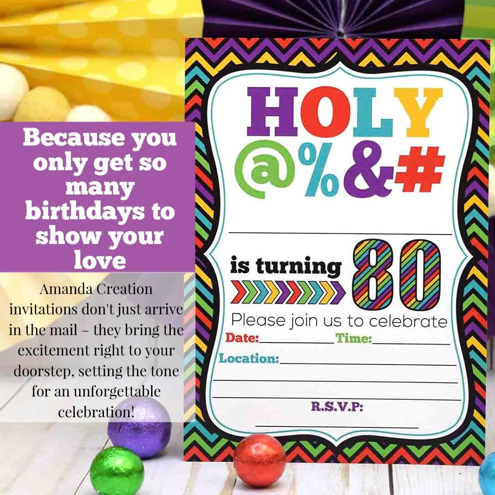 HOLY @% 80Th Birthday Party Invitations, 20 Funny 5"X7" Fill in Cards with Twenty White Envelopes for Milestone Birthdays by Amandacreation image number 6