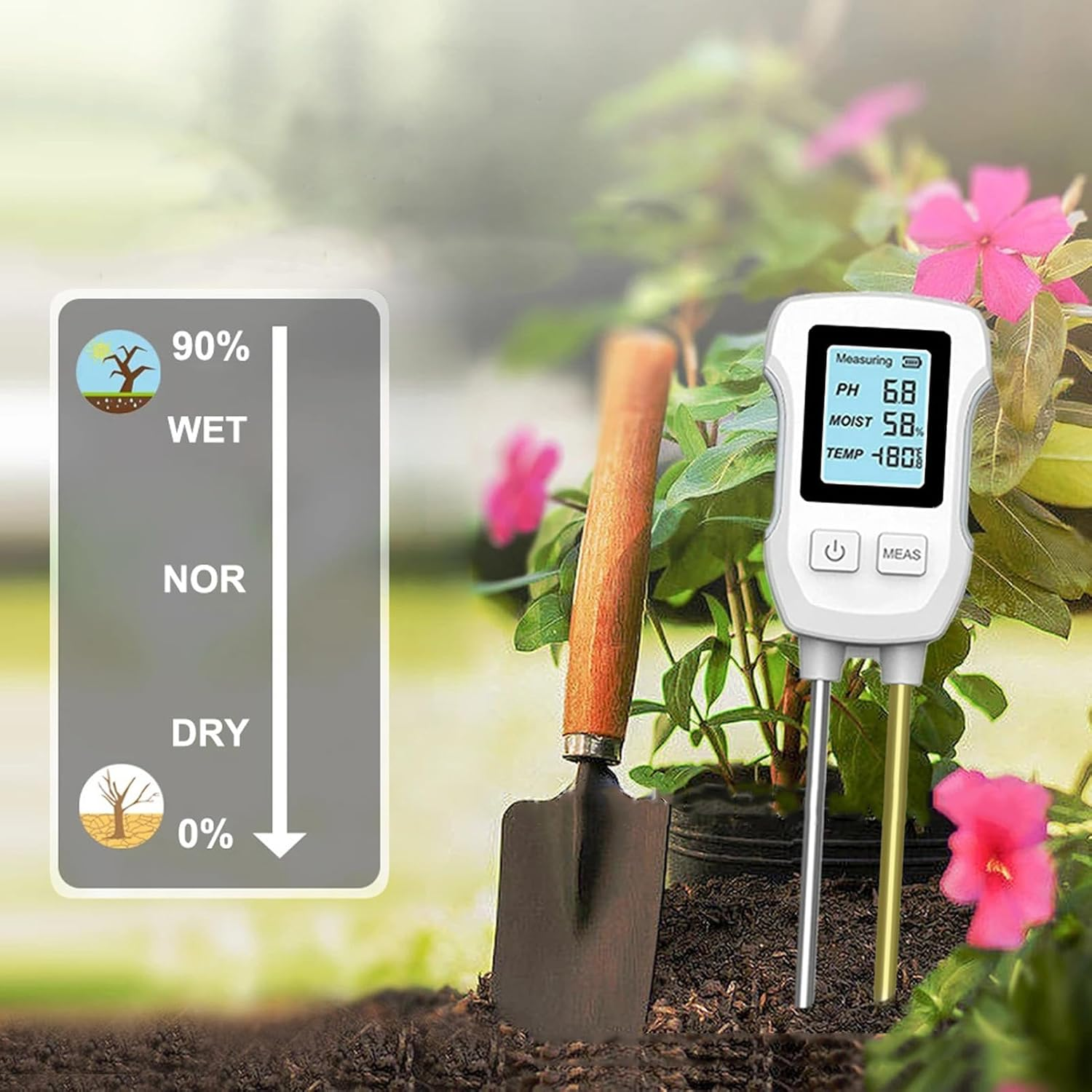 Soil Moisture Sensor Meter, 3 to 9 Soil PH Tester, 0% to 90% Moisture Range Dual Probe Soil Moisture EC Tester with Digital Display, for Gardening Farming image number 4