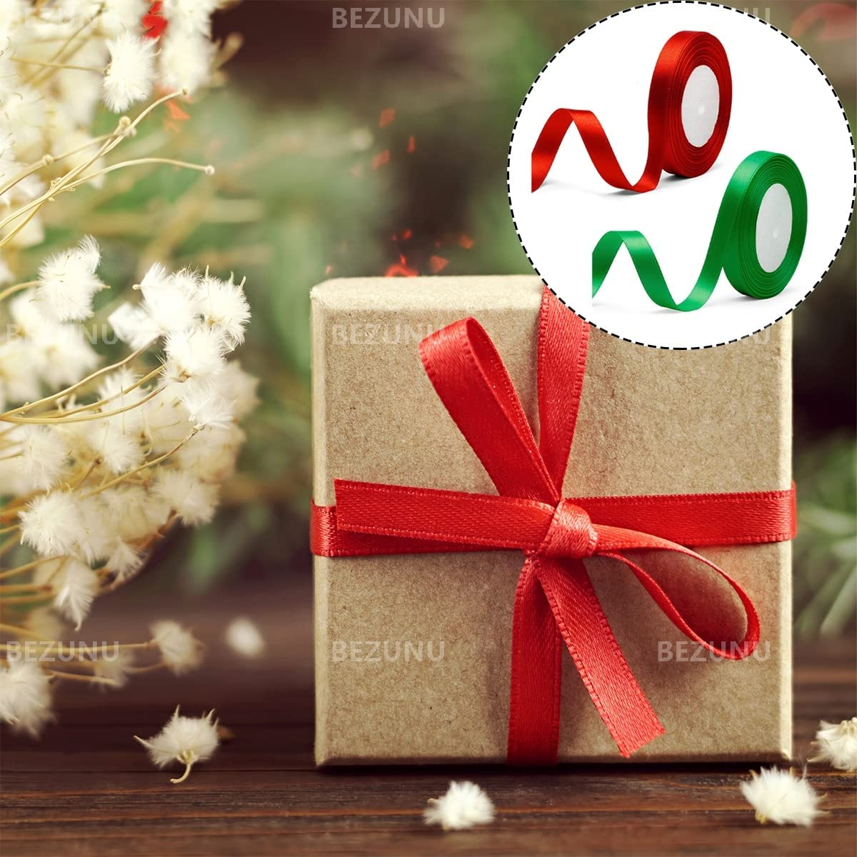 Satin Ribbon, 2 PCS Red & Green Silk Ribbon for Gift Wrapping, Braiding, Birthday, Wedding, Scrapbooking Decoration (0.6Inch) image number 1