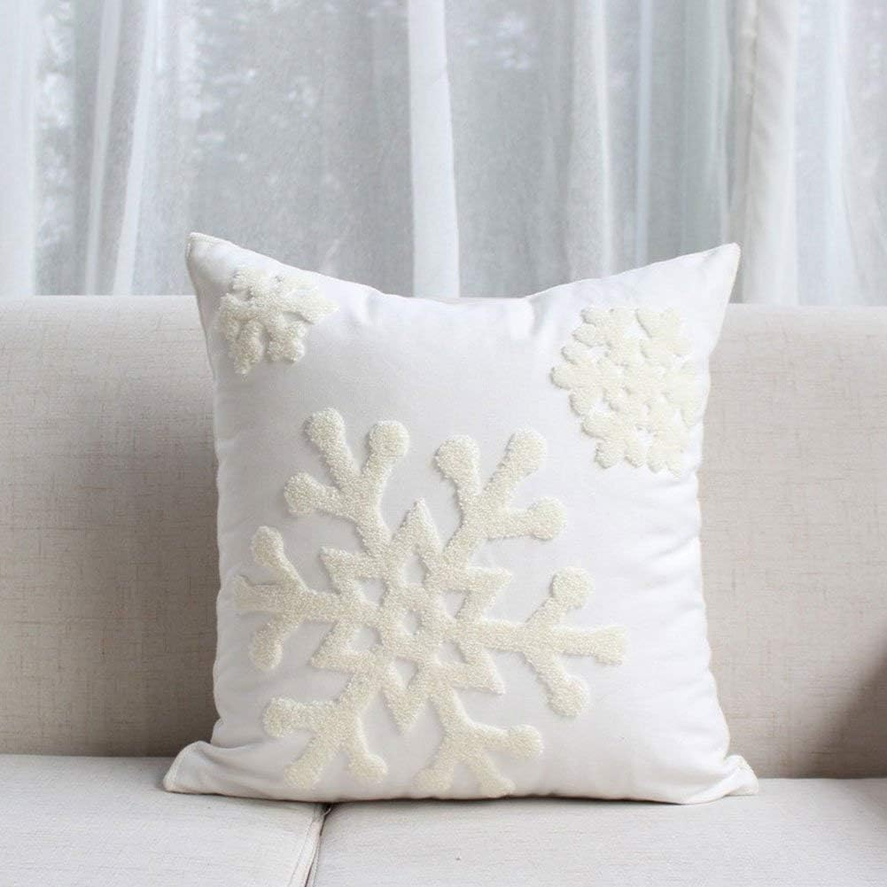 E.Life 18X18 Soft Canvas Christmas Winter Snowflake Style Cotton Linen Embroidery Throw Pillows Covers W/Invisible Zipper for Bed Sofa Cushion Pillowcases for Kids Bedding (1 Pair White) image number 1